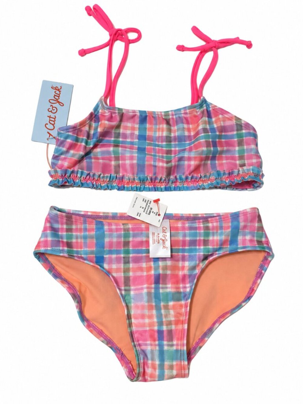 Cat & Jack Girls Plaid Two Piece Bikini Swimsuit Pink Blue Size S 6/6X